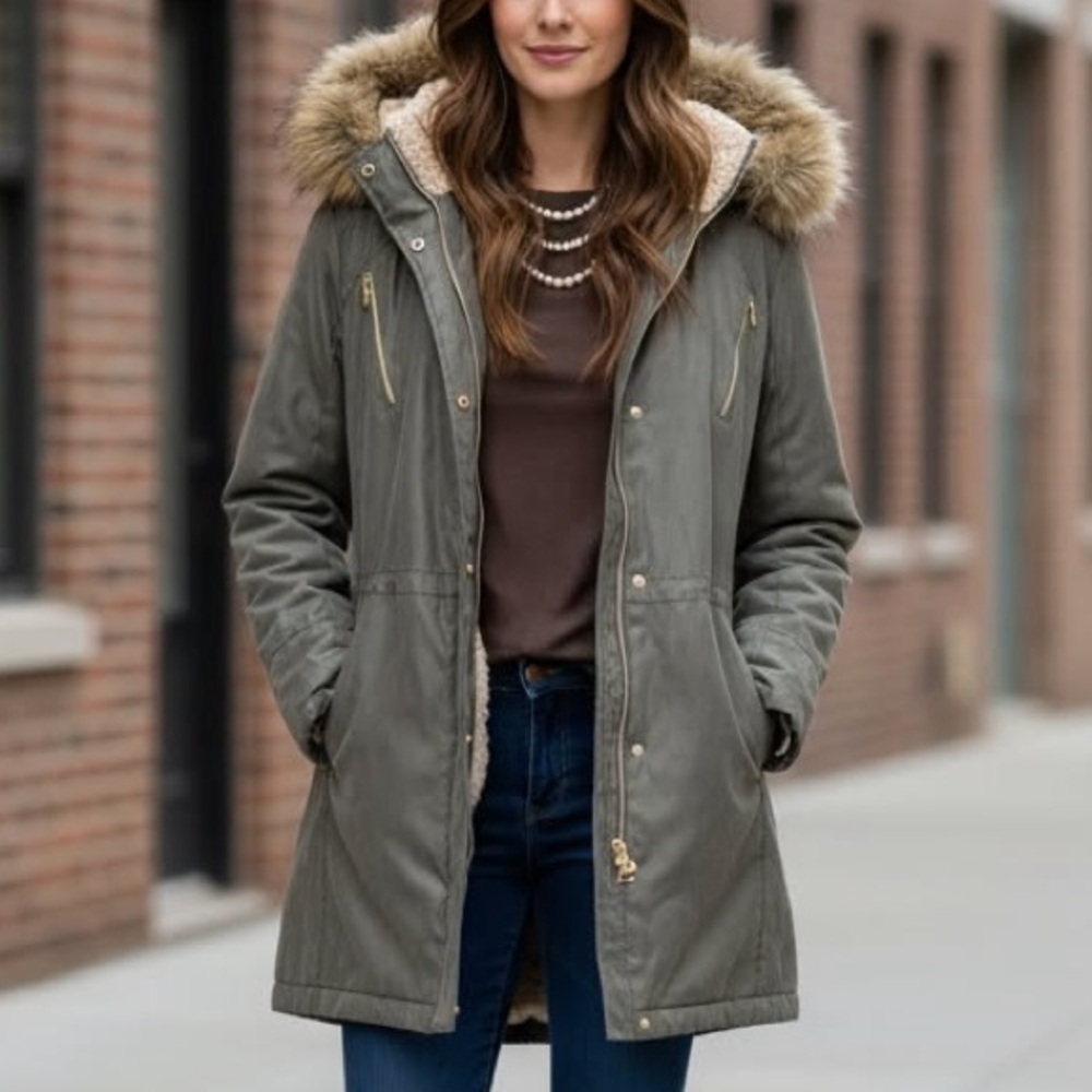 Jones New York Gray Jacket with faux fur hood size medium